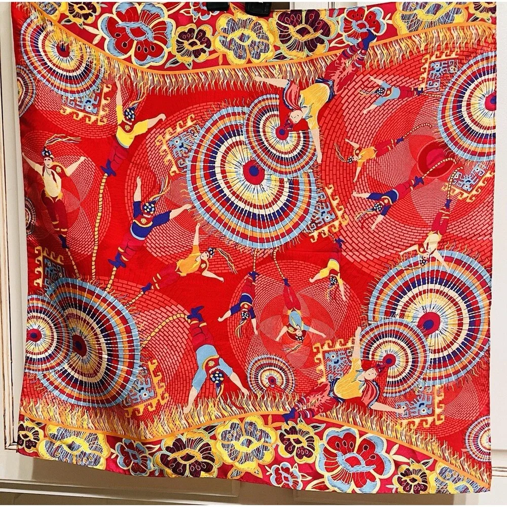 Pineda Covalin Silk Satin Square Scarf Red Multicolor Floral Fringe Dry Clean
